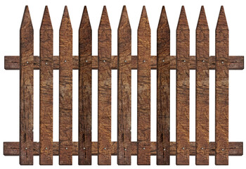 Fence made of brown old wooden planks on isolated background