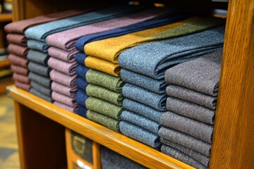 Stylish stack of folded colorful cashmere sweaters showcasing luxurious textures and vibrant hues