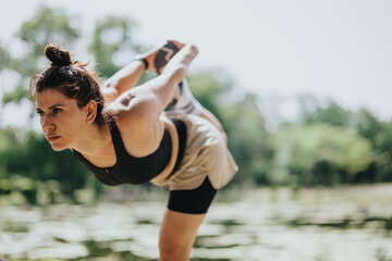 Fototapeta premium Focused woman practicing yoga outdoors on a sunny summer day in nature. Outdoor fitness and well-being concept.
