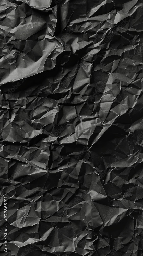 Poster detailed texture reveals the complex creases of crumpled black paper under soft lighting, emphasizin