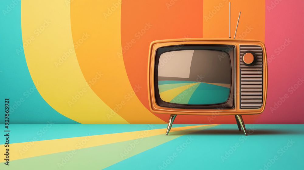 Wall mural Vintage analog tv with rabbit ear antenna a retro colorful background