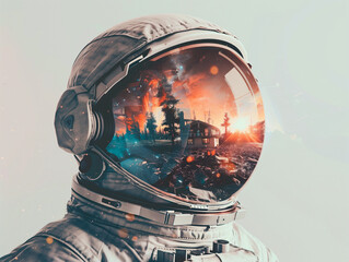 Astronaut with house reflection in visor