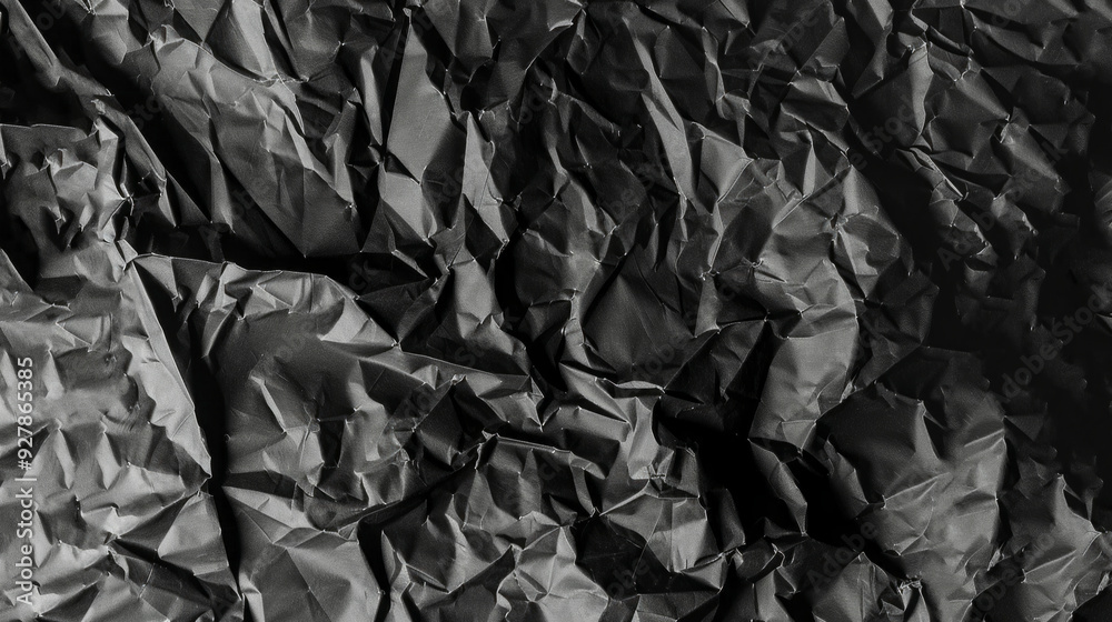Poster crumpled black paper displays complex textures and shadows, revealing the play of light across its s