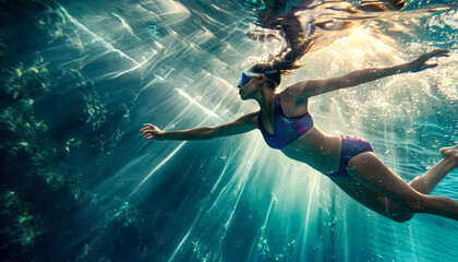 A woman is swimming in the ocean wearing a purple bikini. The water is clear and the sun is shining brightly