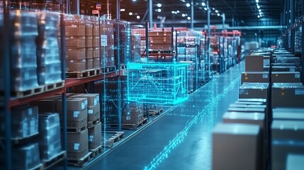A warehouse aisle with shelves full of cardboard boxes with a digital outline of a forklift in the foreground.
