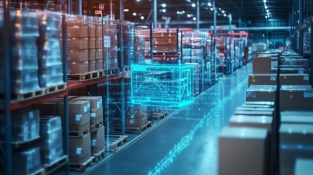 A warehouse aisle with shelves full of cardboard boxes with a digital outline of a forklift in the foreground.