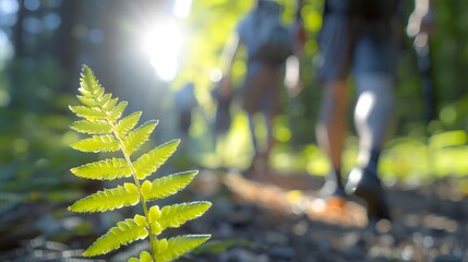  friends hiking up a hill together focus on plant leaf