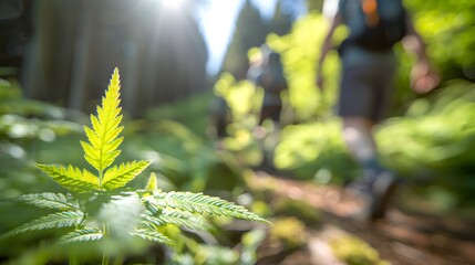  friends hiking up a hill together focus on plant leaf