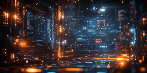Fototapeta premium Futuristic Digital Platform with Floating Code and Data Elements in a Blue and Orange Theme