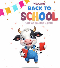 Fototapeta premium Welcome back to school greeting card with cute cartoon cow wearing overalls and holding books