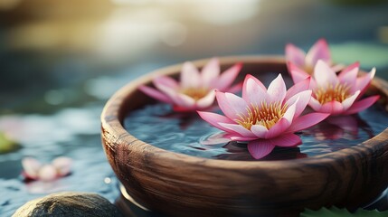 Zen Spa with Floating Pink Lotus Flowers