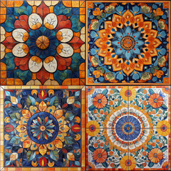 An intricate mandala composed of bright, hand-painted ceramic tiles in a range of warm colors.