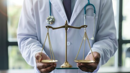 Medical Ethics and Legal Balance: A Doctor Presents the Scales of Justice, Highlighting the Intersection of Medicine and Law