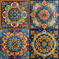 An intricate mandala composed of bright, hand-painted ceramic tiles in a range of warm colors.
