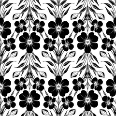 seamless black graphic floral pattern on white background, texture