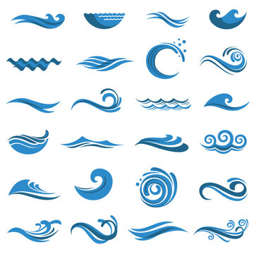 abstract collection of sea waves icons isolated on white background