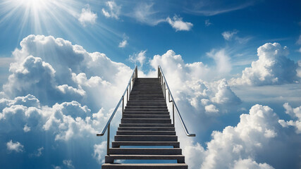A stairway leading up through the clouds toward the bright sunlight in a blue sky, evoking a heavenly scene.