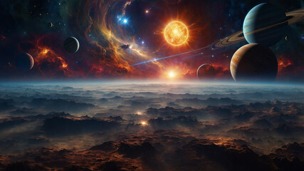 Stunning cosmic scenery with multiple planets, vibrant nebulae, and a sun rising over alien landscape.