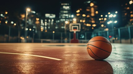 Obraz premium A basketball on an outdoor court with city lights