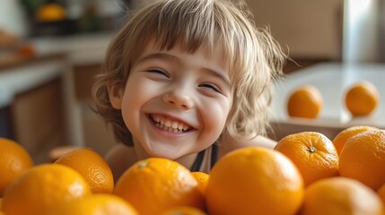A cheerful child smiling and surrounded by oranges