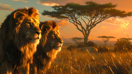 Majestic Lions in the African Savannah at Sunset.