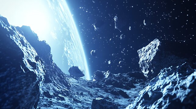 An asteroid field in space, with a planet and stars in the background.