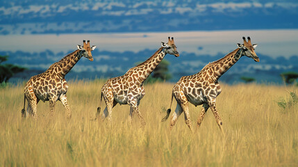 Three Giraffes Walking Through Tall Grass in African Savanna.
