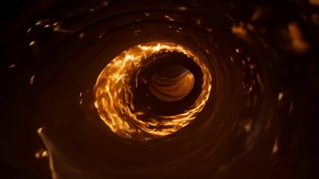 Intense blaze engulfing a circular tunnel in vivid flames. Fvp view