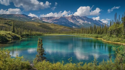 Fototapeta premium Serene Emerald Lake Landscape: Tranquil Waters Surrounded by Lush Forests and Towering Mountains