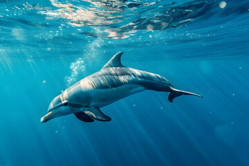 Fototapeta premium Underwater Photography of a Dolphin Swimming in the Ocean with Sunbeams
