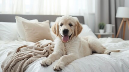 Golden retriever puppy in stylish bedroom with king size bed Pet friendly accommodation