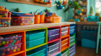 Colorful classroom storage bins filled with stationery and supplies.
