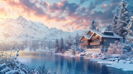 Fototapeta premium Vacation house with winter scenic view by lake