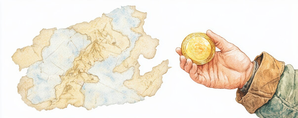 A hand holds a gold coin in front of a mysterious map, symbolizing treasure hunting and adventure. watercolor style.