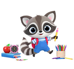 Obraz premium 3d raccoon cartoon character holding pencil with alarm clock and crayon colors isolated on transparent background, PNG file add