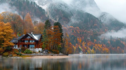 Fototapeta premium Vacation house with scenic view in Fall with colorful foliage by lake