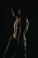 Muscular man posing shirtless in dark, dramatic lighting. Emphasizes fitness, strength, and masculinity. Perfect for concepts related to health, bodybuilding, and physical fitness.