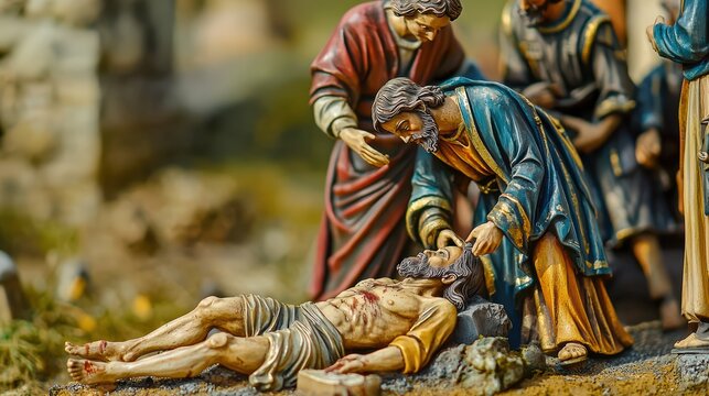 Compassionate depiction of the Parable of the Good Samaritan, showing the Samaritan aiding an injured man by the roadside, with other figures observing or passing by in the background.