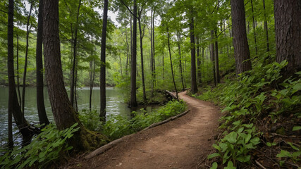 Fototapeta premium Forest trail winding along a serene lake surrounded by lush green trees on a calm, overcast day.