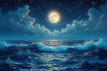 animestyle ocean waves under moonlit sky dynamic water movement stylized foam ethereal moonbeam reflections moody nighttime palette