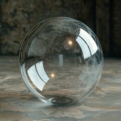 A clear sphere floats gracefully against a very dark backdrop, highlighting its reflective surface and delicate transparency.