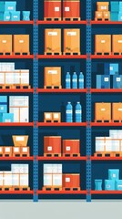 Warehouse shelves, stocked with goods, flat design illustration