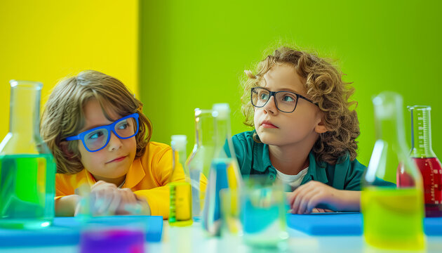Two children are sitting at a table with various colored liquids in beakers. They are smiling and seem to be enjoying themselves