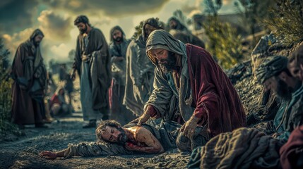 Compassionate depiction of the Parable of the Good Samaritan, showing the Samaritan aiding an injured man by the roadside, with other figures observing or passing by in the background.