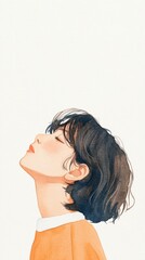 Fototapeta premium A serene portrait of a woman gazing upwards, showcasing her soft features and stylish look against a minimalist background. watercolor style.
