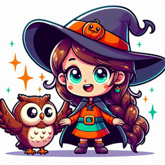 Cute cartoon smiling witch with owl.