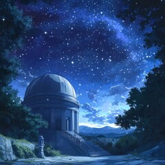 Obraz premium Enchanted anime-style Starry Night at the Observatory: A Magical Night Sky Experience for Astronomical Education and Star Gazing, Ideal for Travel Posters and 4K Wallpapers,Anime-Style,illustration,Pi