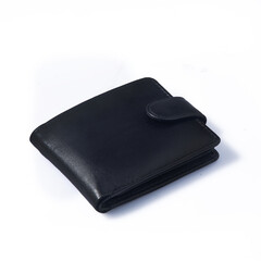 Classic men's wallet made of high-quality genuine black leather, with a clasp, isolated on a white background.
