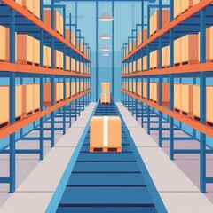 Fototapeta premium Warehouse with conveyor belts, transporting goods, flat design illustration