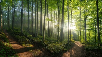 Naklejka premium Sunbeams Through Forest Trees